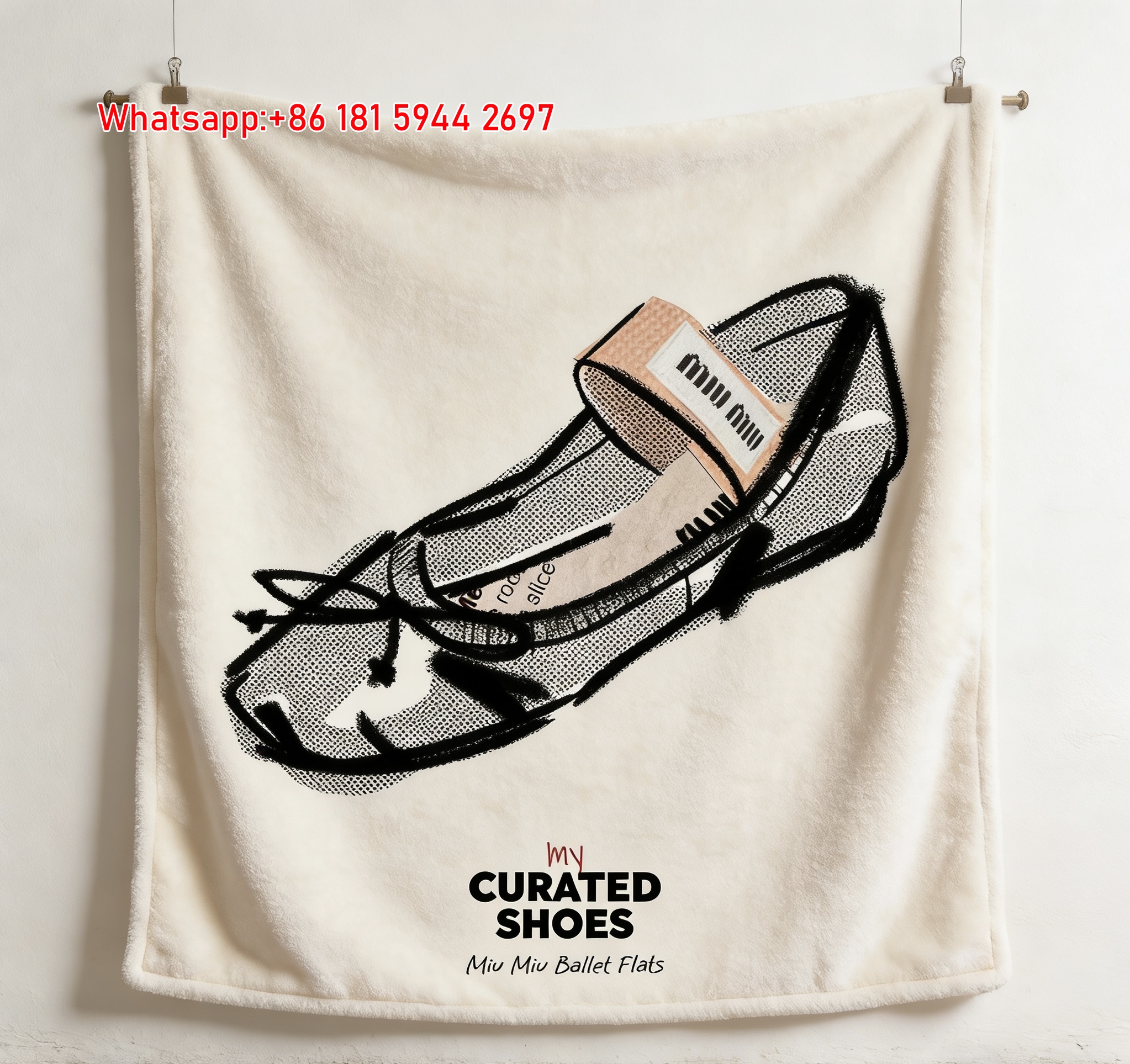 Miu Miu Black and Beige Ballet Flat Illustration Print Flannel Throw Blanket IMG_0391